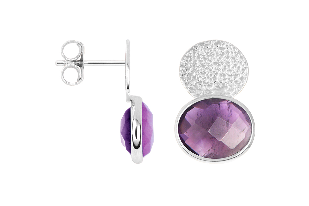[17988ERAMPL] Sterling silver 9x11mm oval stone with textured 10x8mm plaque earring (Amethyst, Sterl